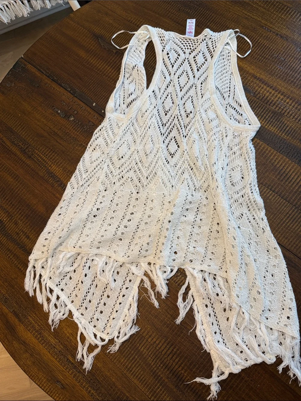 Justice Cream Openwork Knit Fringe Vest